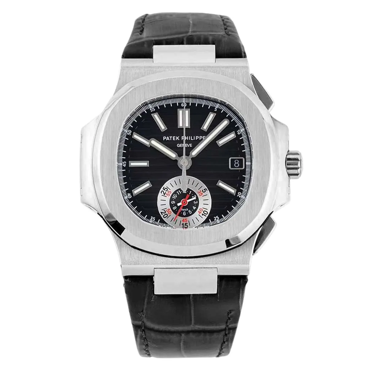 Nautilus 5980/1A-014 Black Dial in Steel on Leather Strap