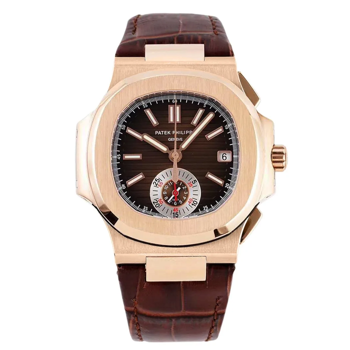 Nautilus Chronograph 5980/R-001 en or rose sur bracelet en cuir marron