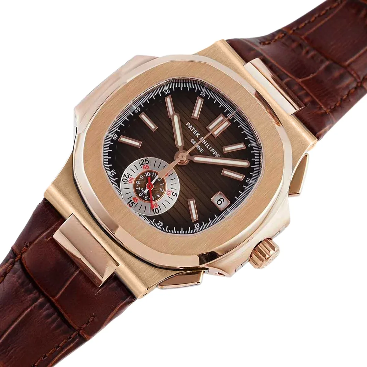 Nautilus Chronograph 5980/R-001 en or rose sur bracelet en cuir marron – Image 2