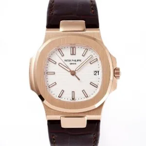 Nautilus Jumbo 5711 cadran blanc en or rose avec bracelet en cuir marron