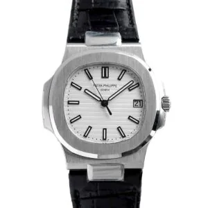 Nautilus Jumbo 5711 cadran blanc en acier avec bracelet en cuir noir