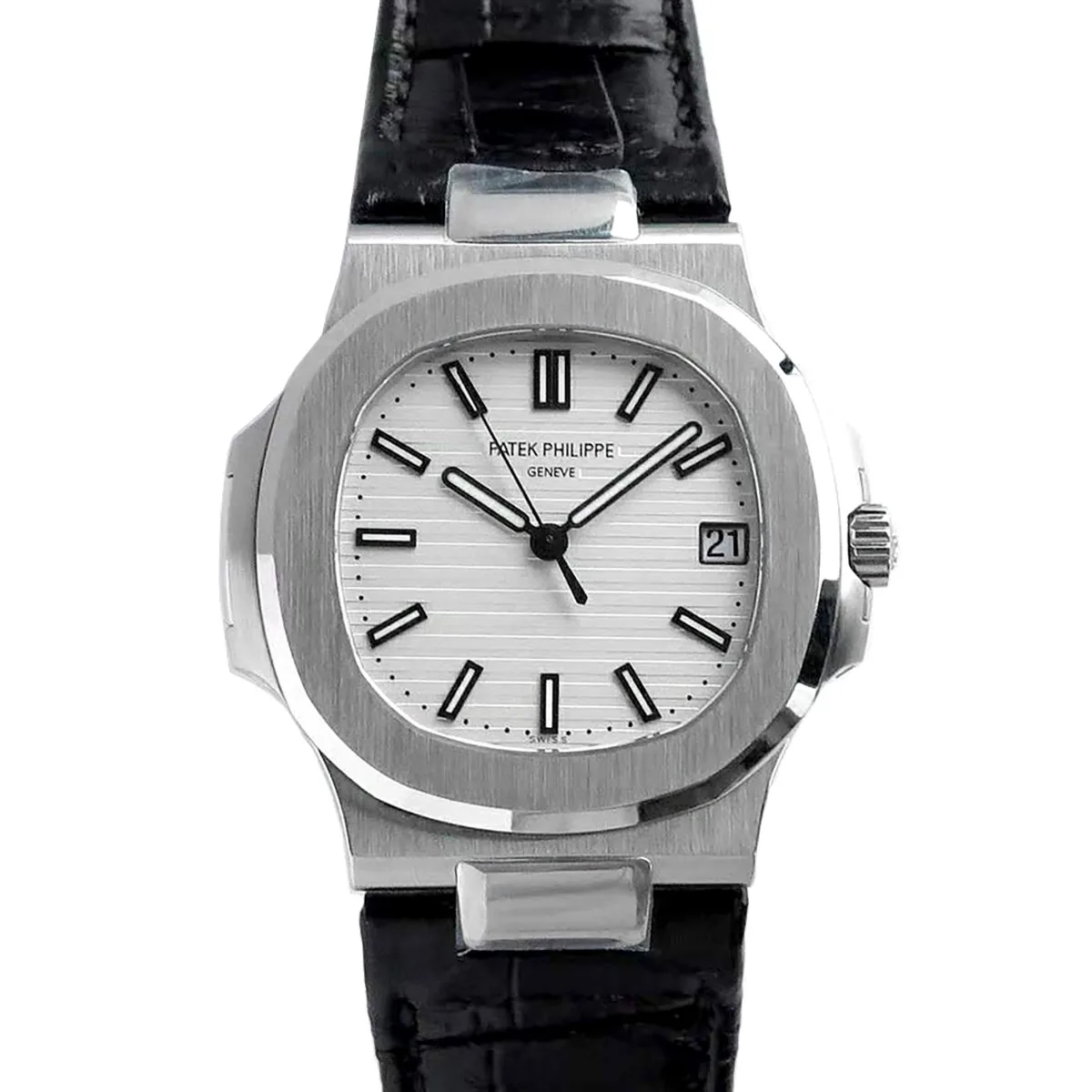 Nautilus Jumbo 5711 cadran blanc en acier avec bracelet en cuir noir