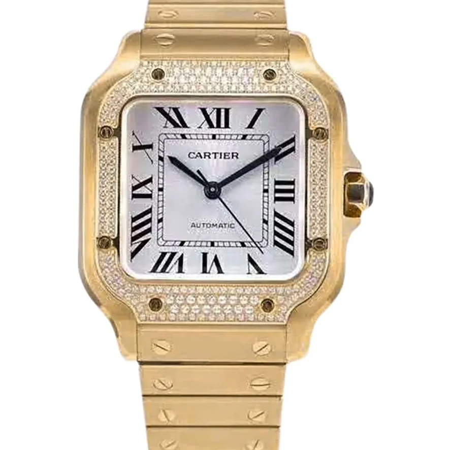 Santos de Cartier White Dial with Diamond Bezel in Yellow Gold