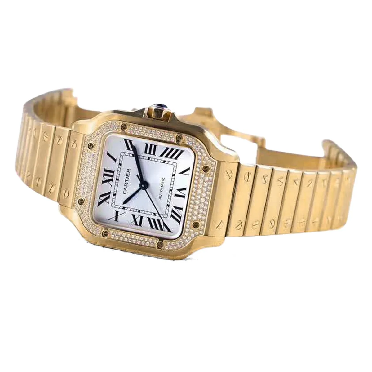 Santos de Cartier White Dial with Diamond Bezel in Yellow Gold - Image 2