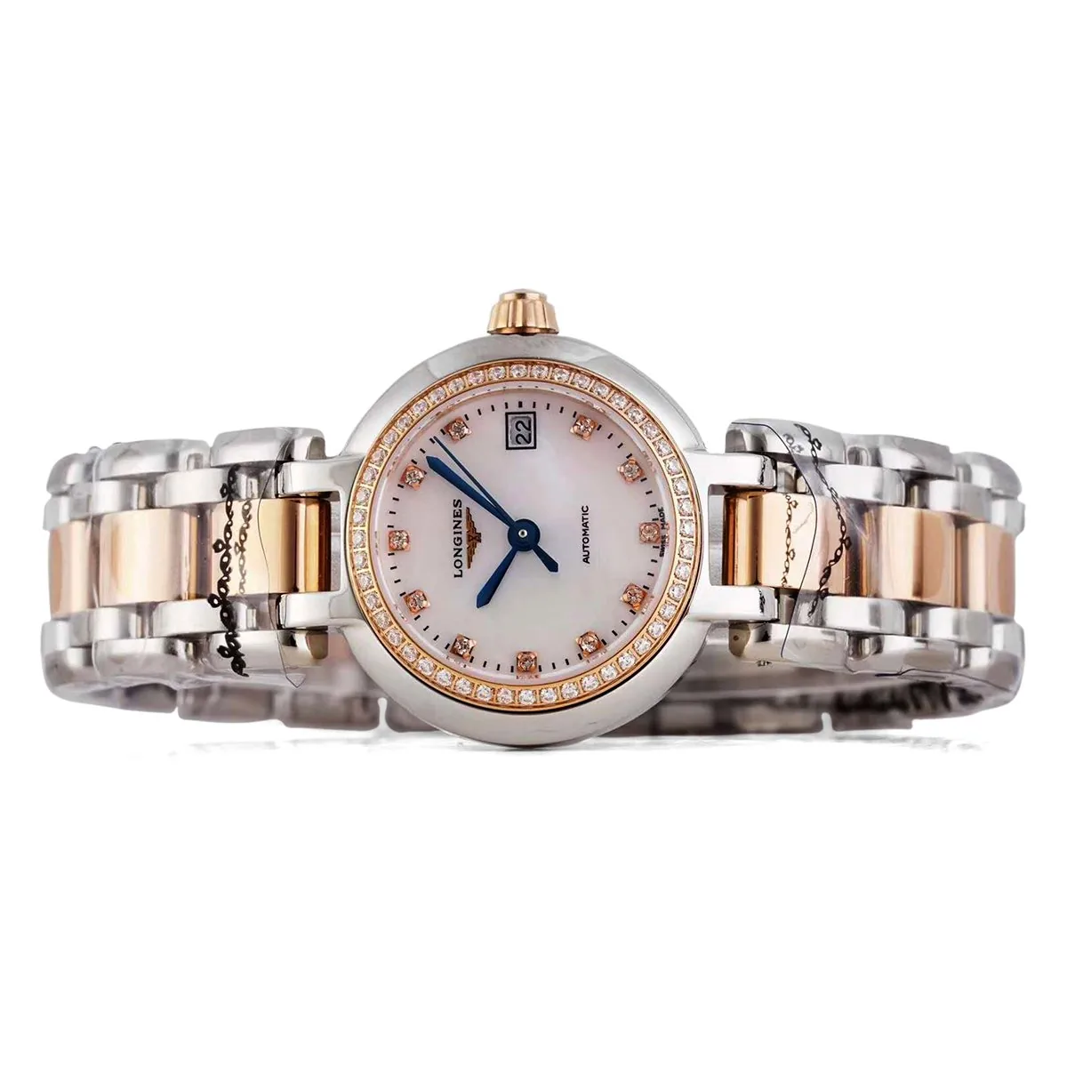 Primaluna quadrante MOP bianco con indici con diamanti e lunetta con diamanti in oro rosa - immagine 5