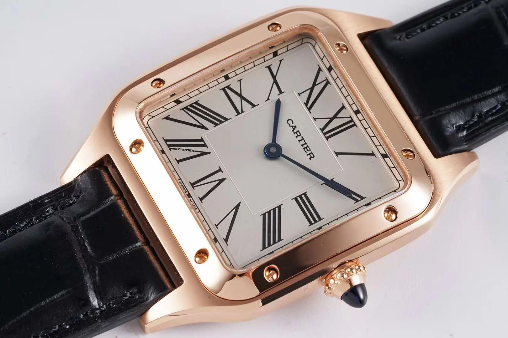 Santos-Dumont White Dial in Rose Gold on Black Leather Strap - Image 3