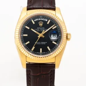 Day-Date 40 Black Dial in Yellow Gold on Leather Strap