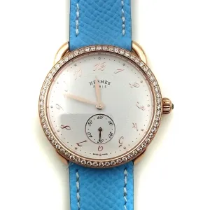 Arceau Petite Rose Gold with Diamond Bezel on Light Blue Epsom Leather Strap