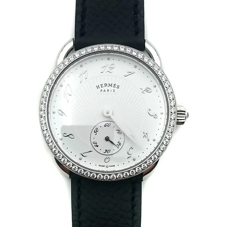 Arceau Petite Steel with Diamond Bezel on Black Epsom Leather Strap