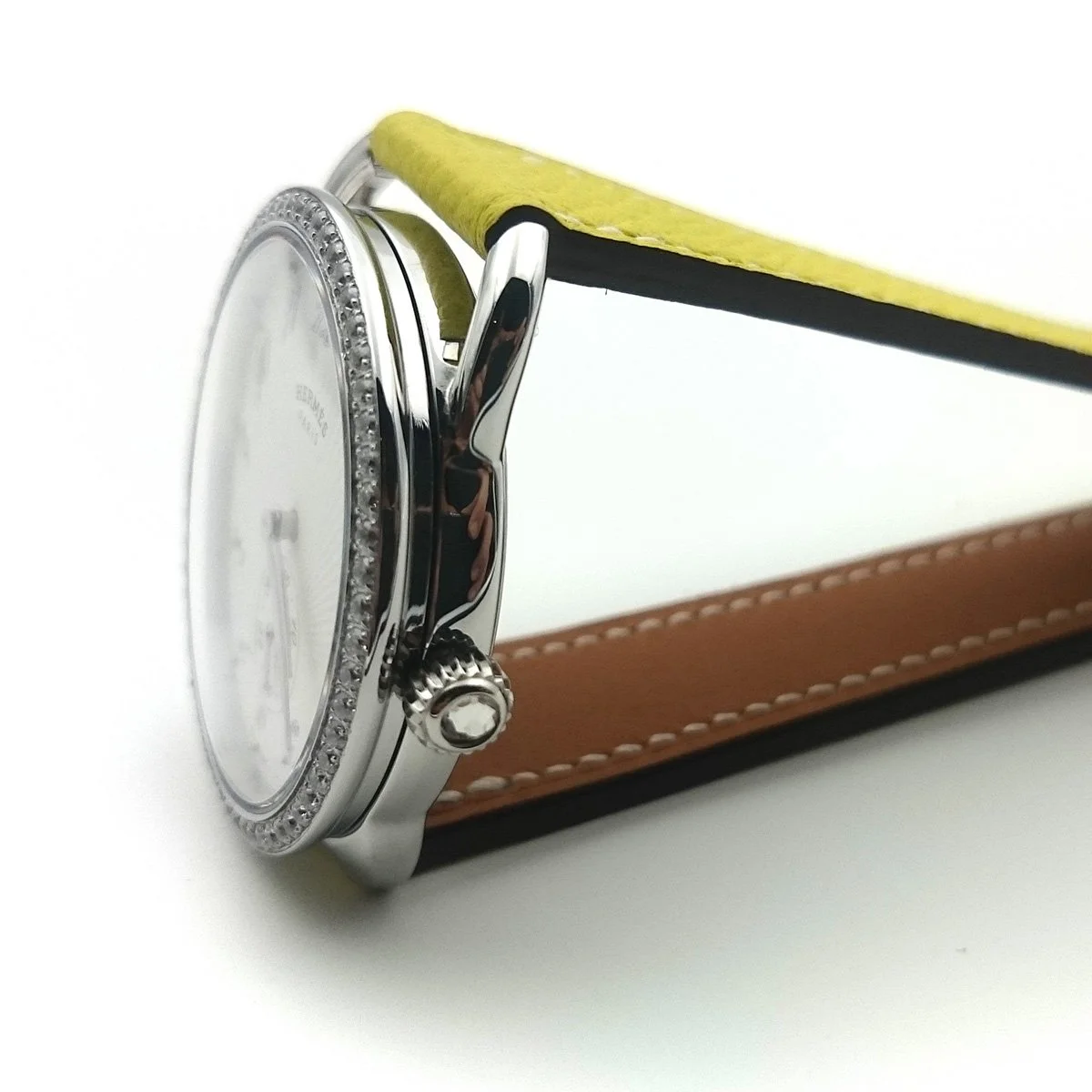 Arceau Petite Steel with Diamond Bezel on Yellow Epsom Leather Strap