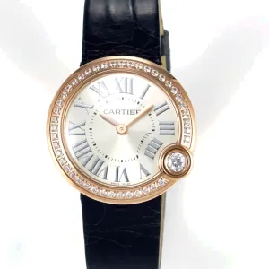 Ballon Blanc De Cartier 30mm RG DRF 1:1 Best Edition Silvered Texture Dial Diamonds Bezel on Black Leather Strap Ronda Quartz