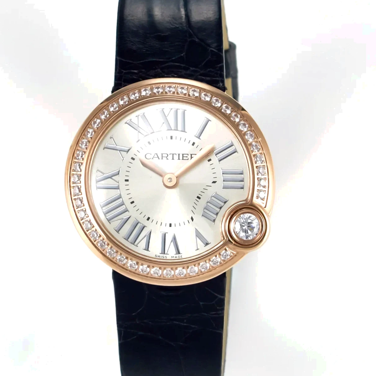 Ballon Blanc De Cartier 30mm RG DRF 1:1 Best Edition Silvered Texture Dial Diamonds Bezel on Black Leather Strap Ronda Quartz