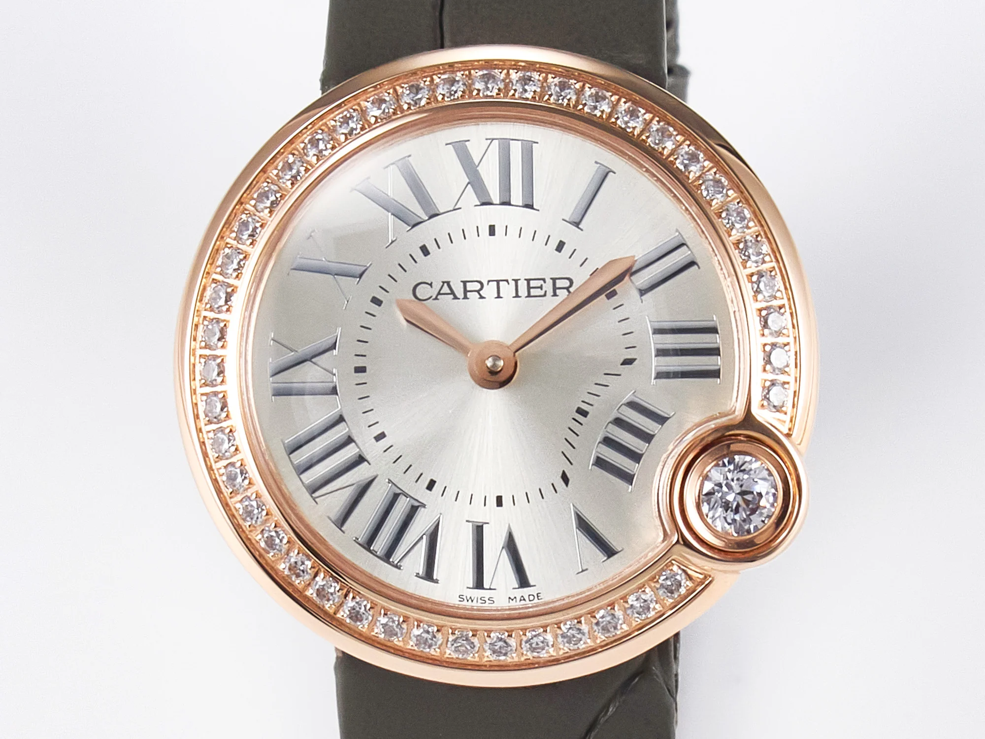 Ballon Blanc De Cartier 30mm RG DRF 1:1 Best Edition Silvered Texture Dial Diamonds Bezel on Green Leather Strap Ronda Quartz