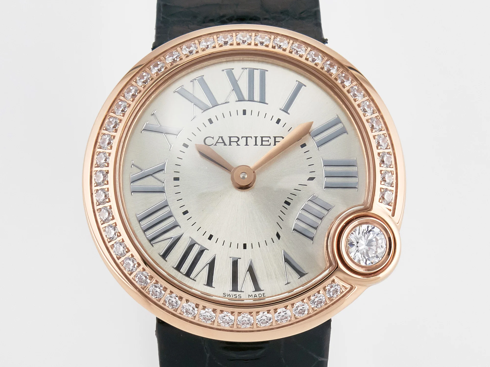 Ballon Blanc De Cartier 30mm RG DRF 1:1 Best Edition Silvered Texture Dial Diamonds Bezel on Black Leather Strap Ronda Quartz