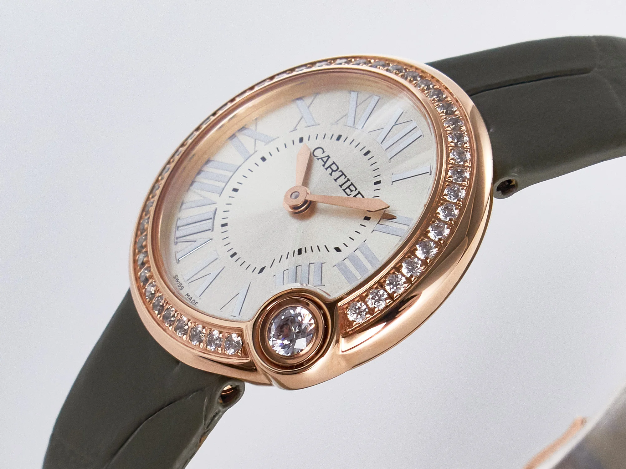 Ballon Blanc De Cartier 30mm RG DRF 1:1 Best Edition Silvered Texture Dial Diamonds Bezel on Green Leather Strap Ronda Quartz