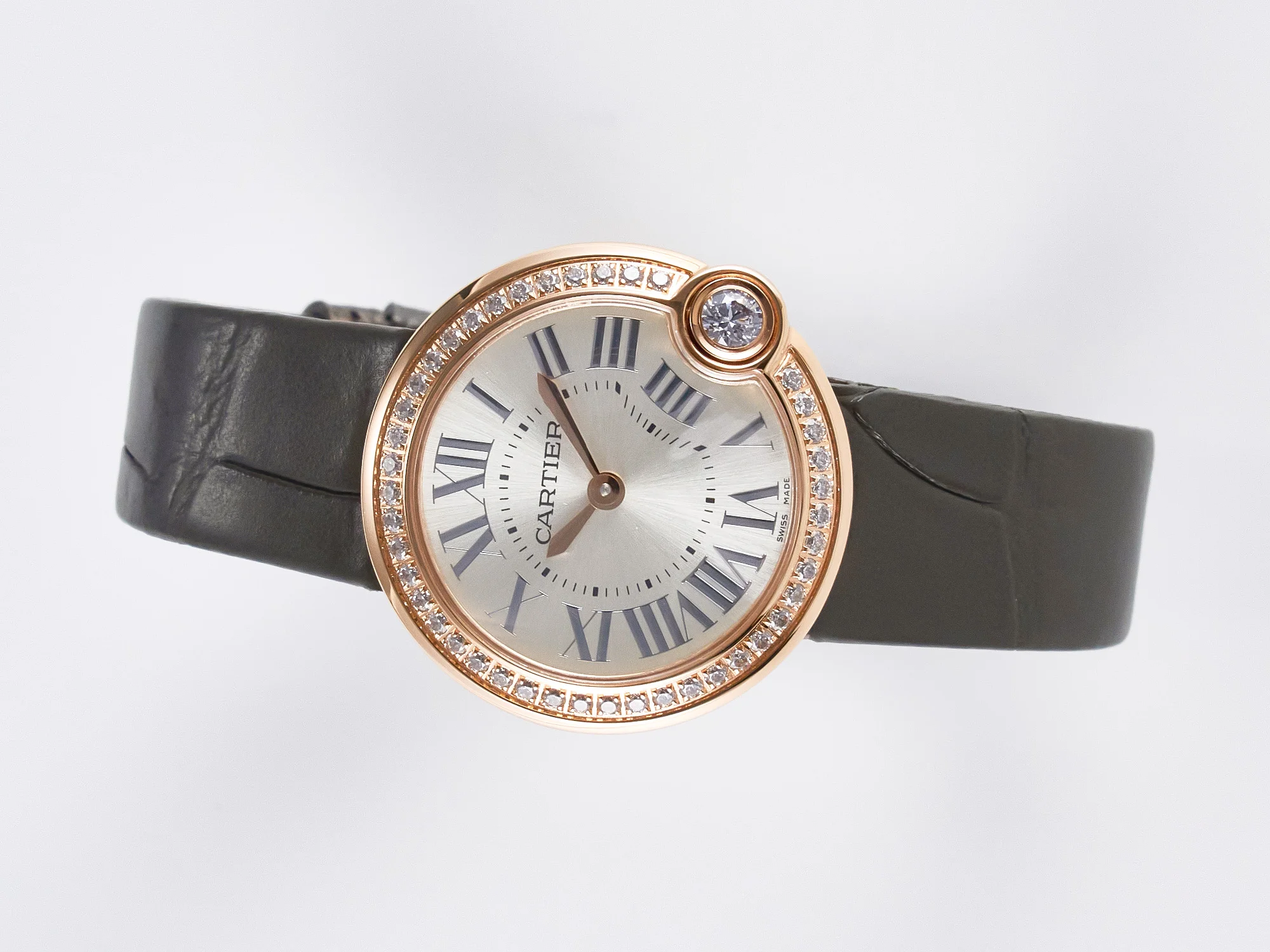 Ballon Blanc De Cartier 30mm RG DRF 1:1 Best Edition Silvered Texture Dial Diamonds Bezel on Green Leather Strap Ronda Quartz