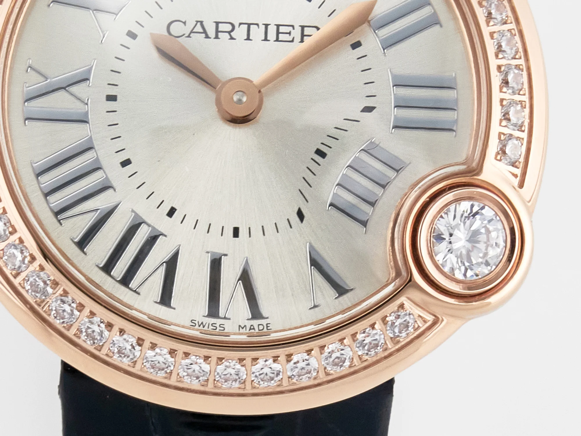 Ballon Blanc De Cartier 30mm RG DRF 1:1 Best Edition Silvered Texture Dial Diamonds Bezel on Black Leather Strap Ronda Quartz