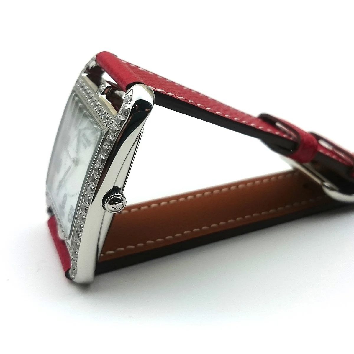 Cape Cod Steel with Diamond Bezel on Red Epsom Leather Strap