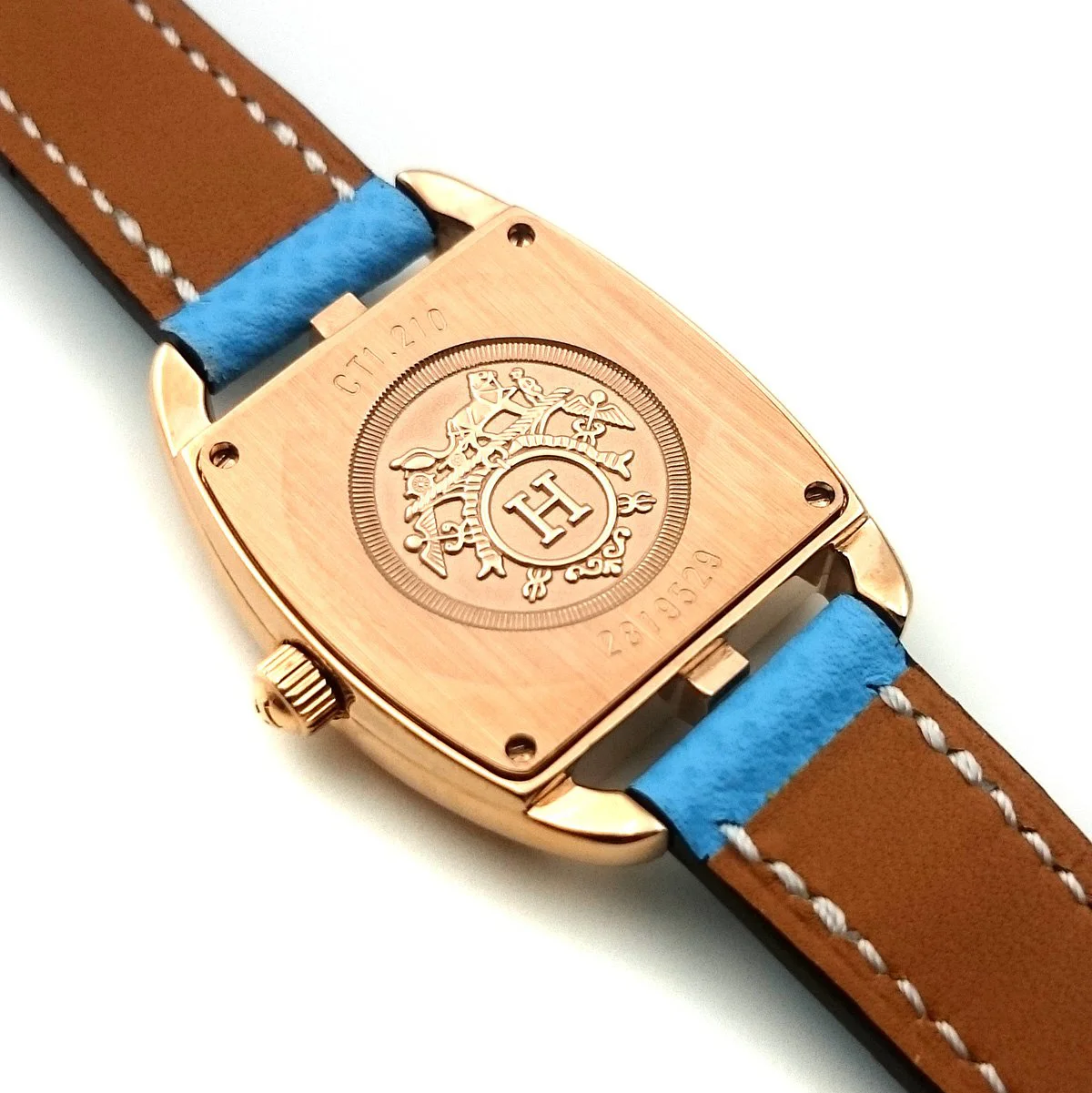 Cape Cod Tonneau Rose Gold on Light Blue Epsom Leather Strap