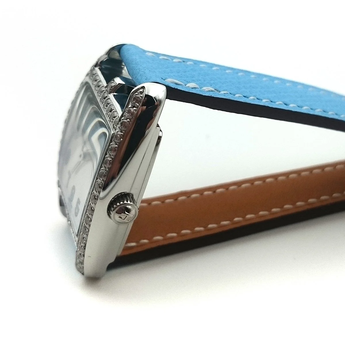 Cape Cod Tonneau Steel with Diamond Bezel on Light Blue Epsom Leather Strap