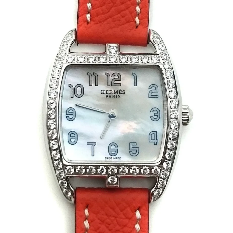 Cape Cod Tonneau Steel with Diamond Bezel on Orange Epsom Leather Strap