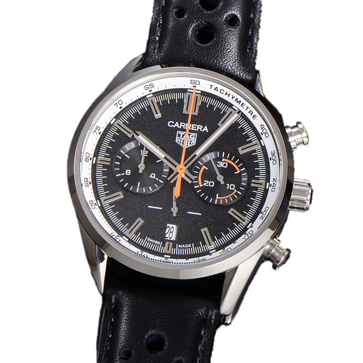 Carrera Chronograph 43 Black Dial on Leather Strap
