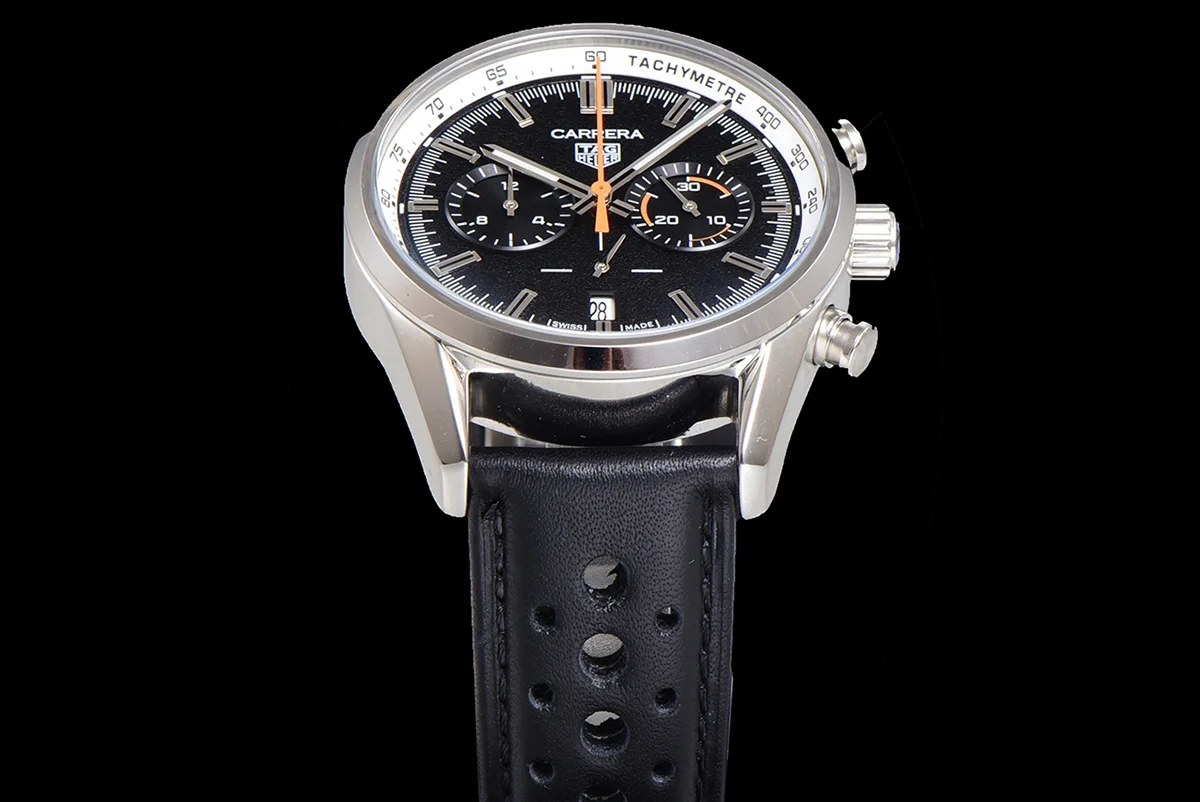 Carrera Chronograph 43 Black Dial on Leather Strap