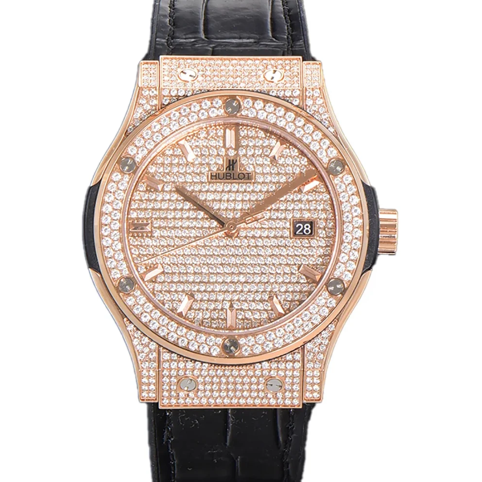 Classic Fusion Automatic 42mm Diamond Paved Dial in Rose Gold on Black Leather Strap