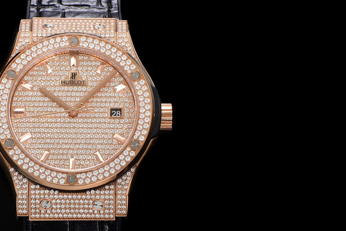 Classic Fusion Automatic 42mm Diamond Paved Dial in Rose Gold on Black Leather Strap