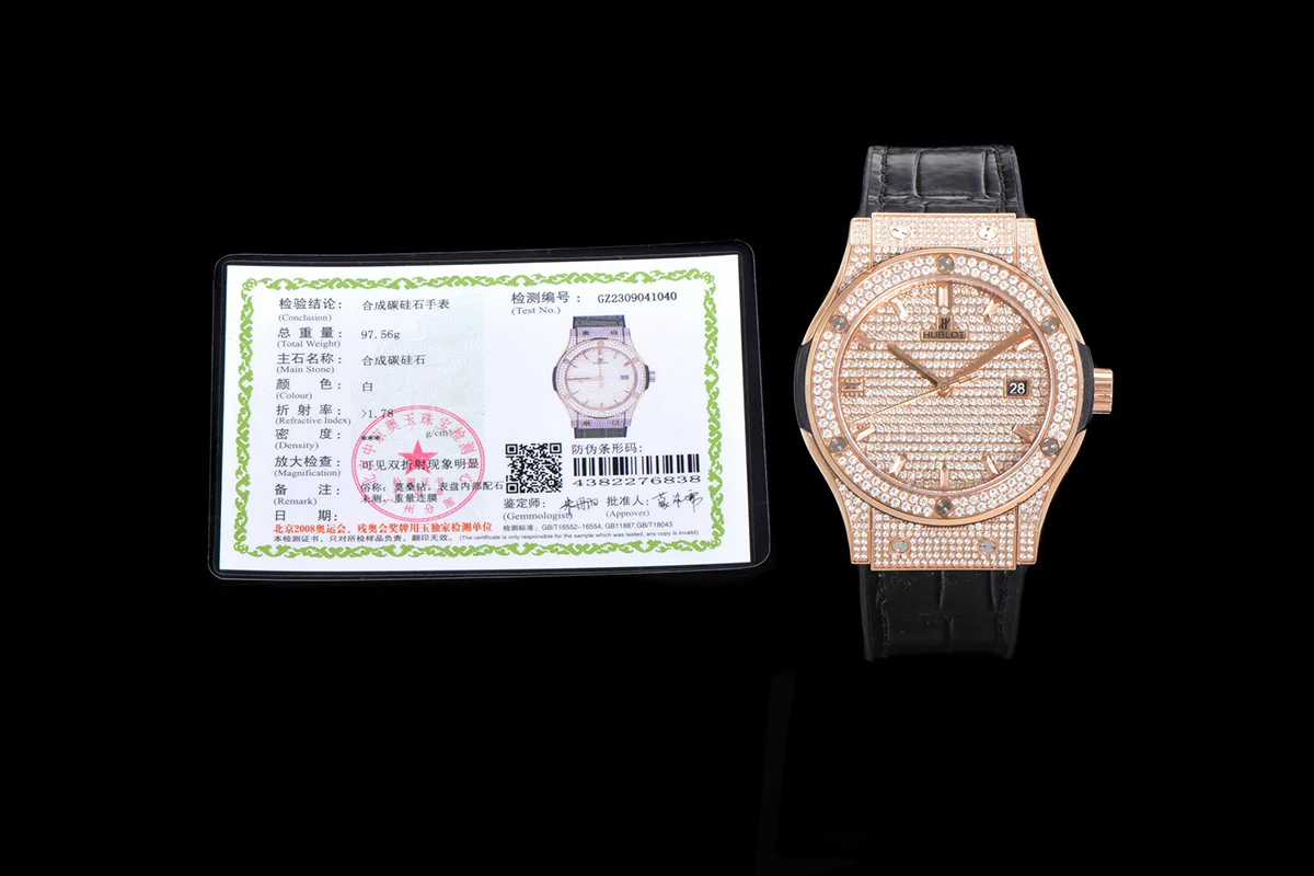 Classic Fusion Automatic 42mm Diamond Paved Dial in Rose Gold on Black Leather Strap