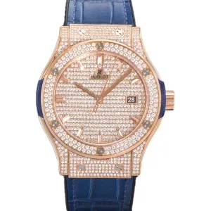 Classic Fusion Automatic 42mm Diamond Paved Dial in Rose Gold on Blue Leather Strap