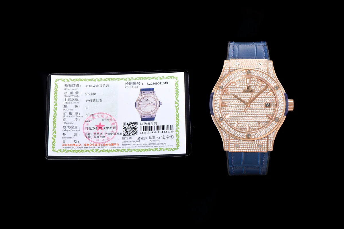 Classic Fusion Automatic 42mm Diamond Paved Dial in Rose Gold on Blue Leather Strap