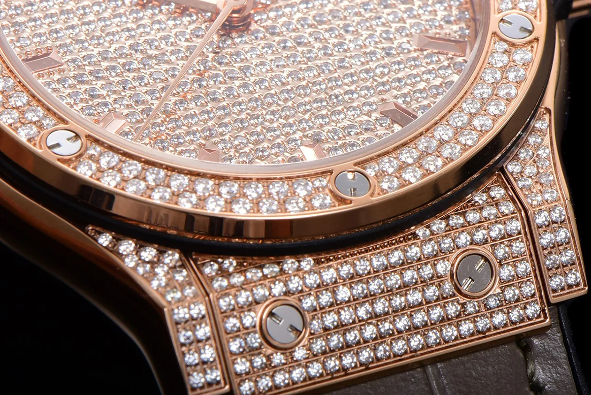 Classic Fusion Automatic 42mm Diamond Paved Dial in Rose Gold on Brown Leather Strap