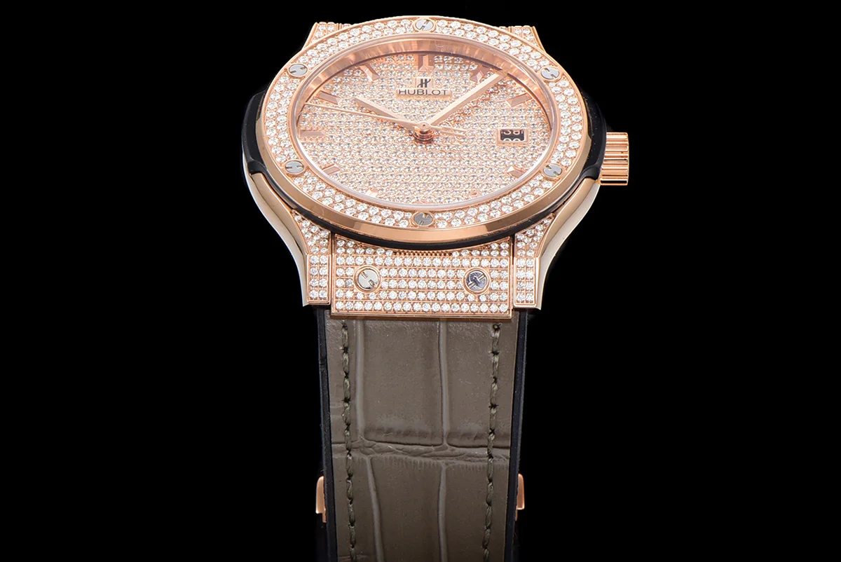 Classic Fusion Automatic 42mm Diamond Paved Dial in Rose Gold on Brown Leather Strap