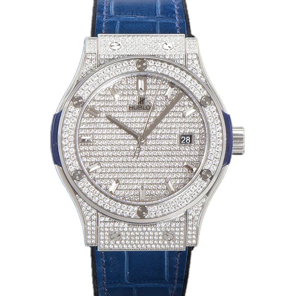 Classic Fusion Automatic 42mm Diamond Paved Dial in Steel on Blue Leather Strap