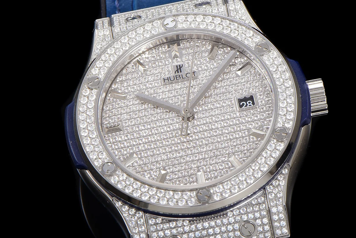 Classic Fusion Automatic 42mm Diamond Paved Dial in Steel on Blue Leather Strap