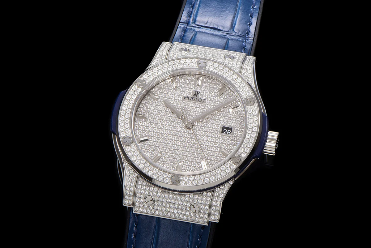Classic Fusion Automatic 42mm Diamond Paved Dial in Steel on Blue Leather Strap