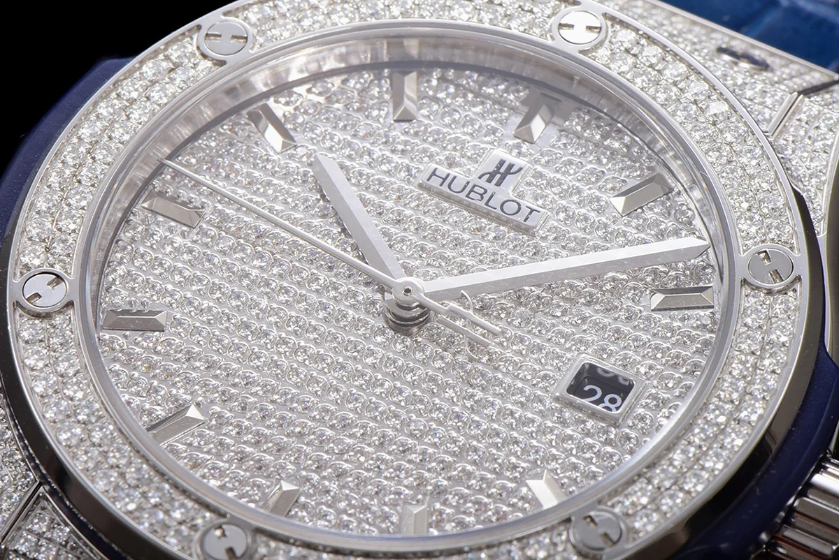 Classic Fusion Automatic 42mm Diamond Paved Dial in Steel on Blue Leather Strap