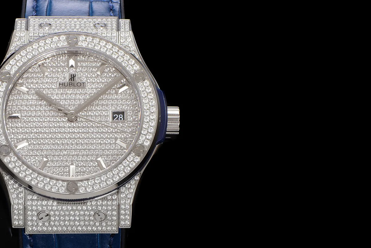Classic Fusion Automatic 42mm Diamond Paved Dial in Steel on Blue Leather Strap