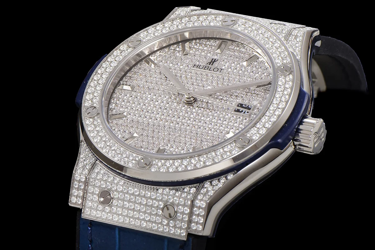 Classic Fusion Automatic 42mm Diamond Paved Dial in Steel on Blue Leather Strap