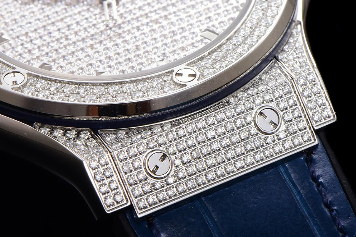 Classic Fusion Automatic 42mm Diamond Paved Dial in Steel on Blue Leather Strap