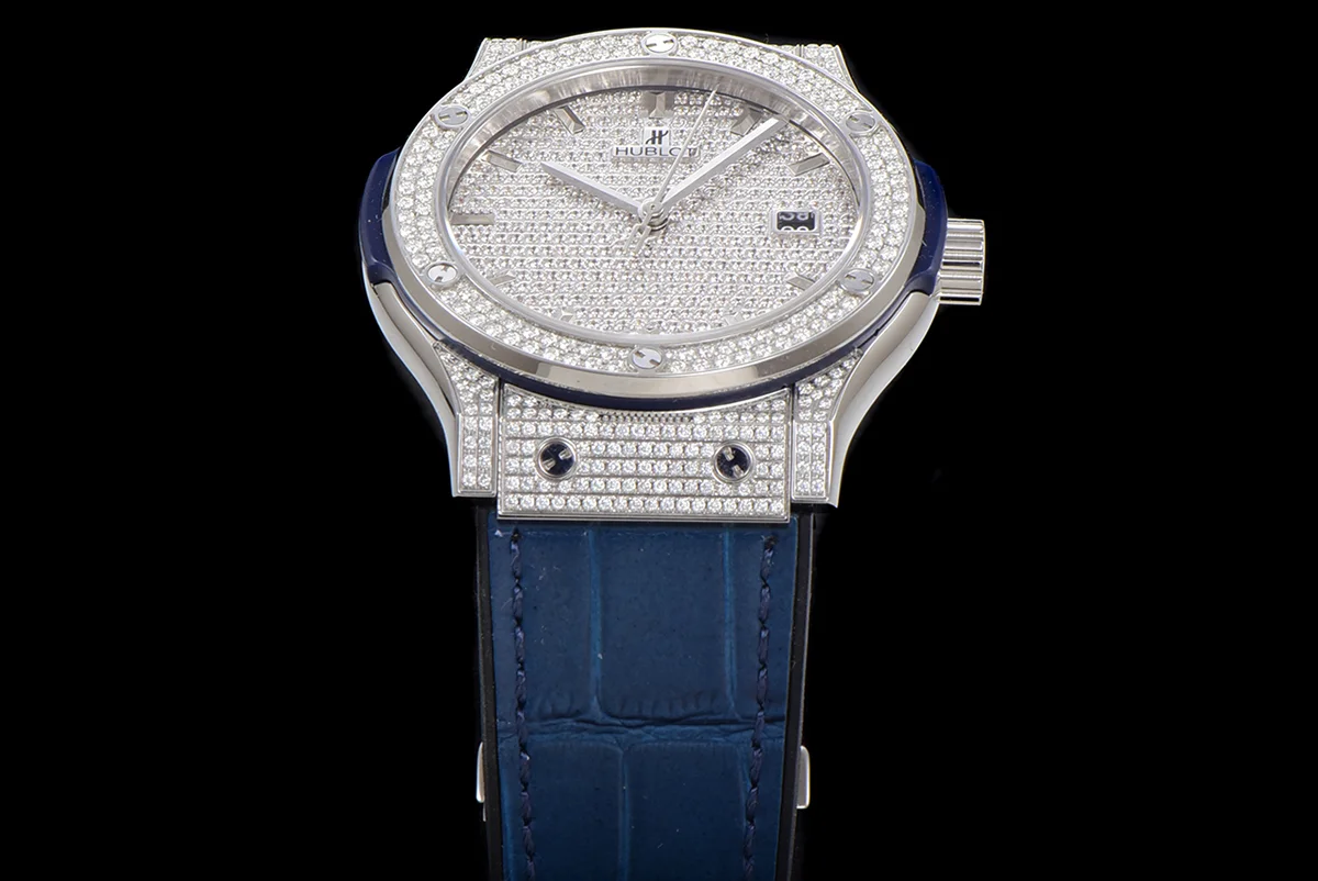 Classic Fusion Automatic 42mm Diamond Paved Dial in Steel on Blue Leather Strap