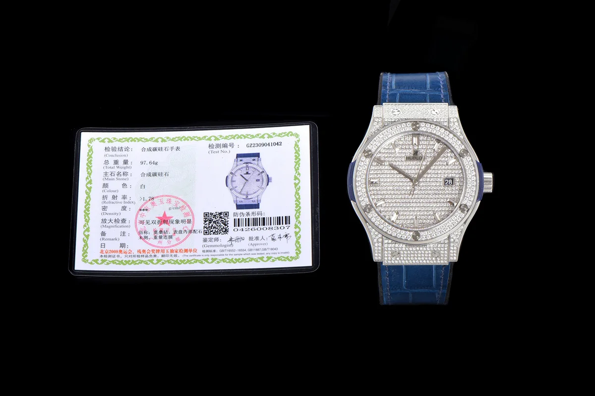 Classic Fusion Automatic 42mm Diamond Paved Dial in Steel on Blue Leather Strap