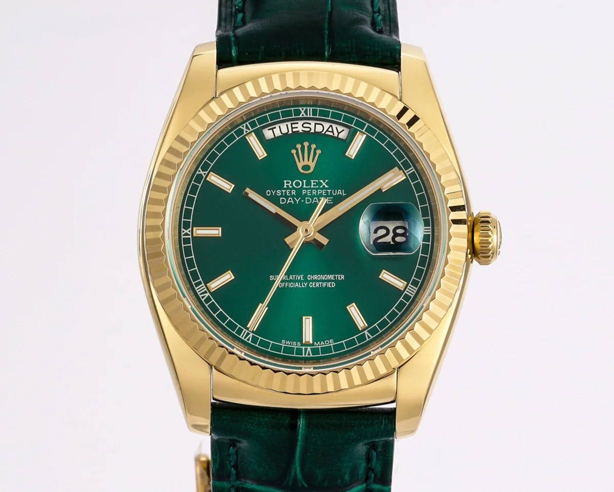 Day-Date 36 Green Dial in Yellow Gold on Leather Strap