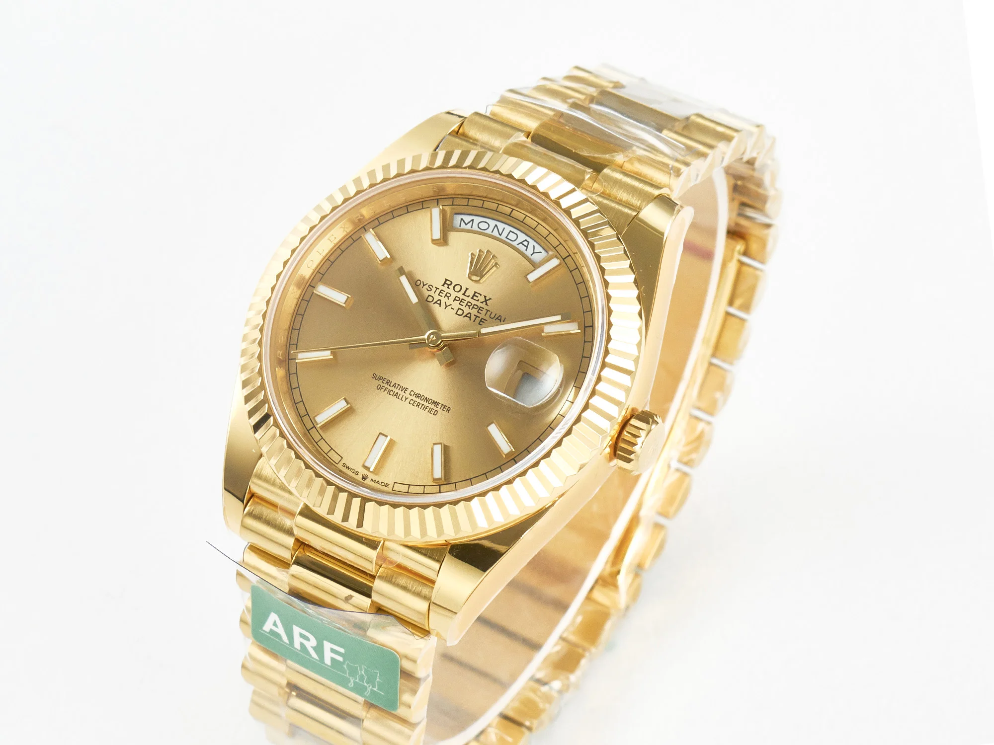 Day Date 40 228238 ARF 904L Steel Gold Stick Dial on President Bracelet VR3255