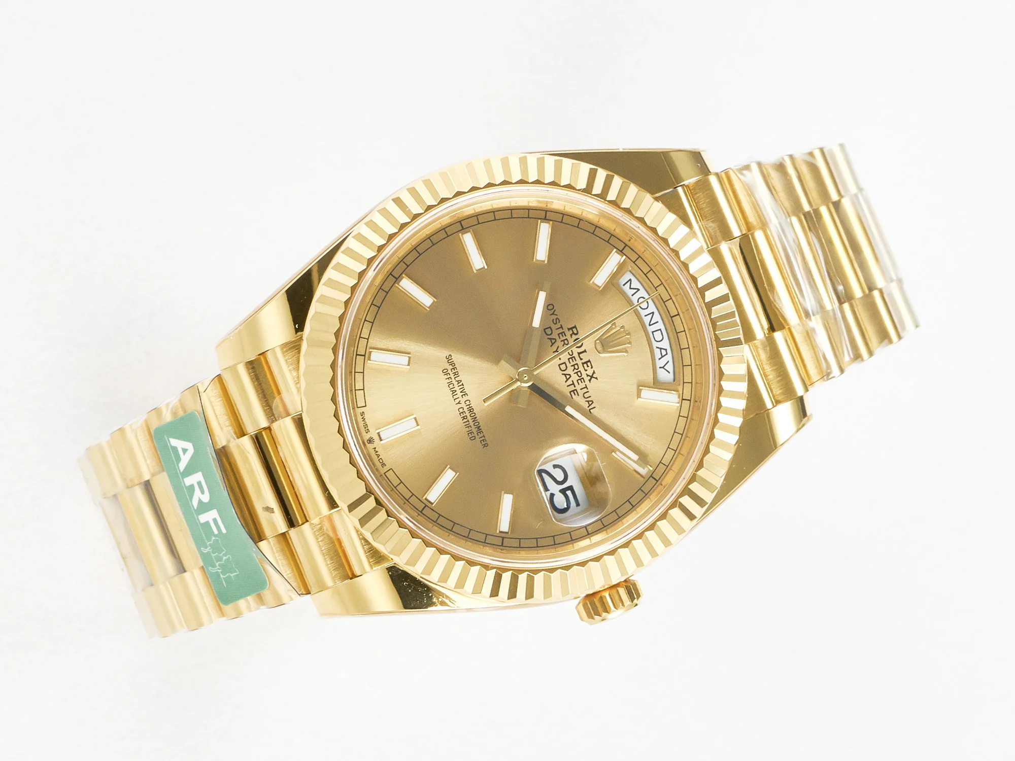 Day Date 40 228238 ARF 904L Steel Gold Stick Dial on President Bracelet VR3255