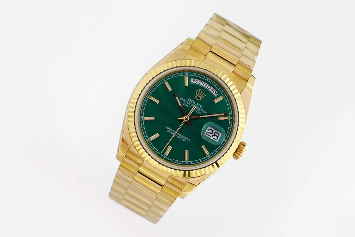 Daydate 36 128238 Green Dial with Sticker in Yellow Gold