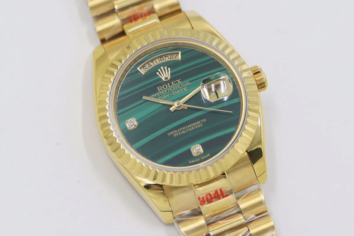 Daydate 36 128238 Malachite Diamond Marker Dial in Yellow Gold