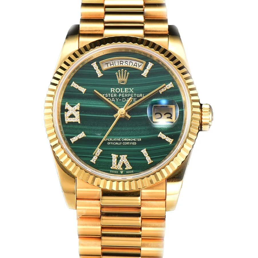 Daydate 36 128238 Malachite Diamond Roman Dial in Yellow Gold