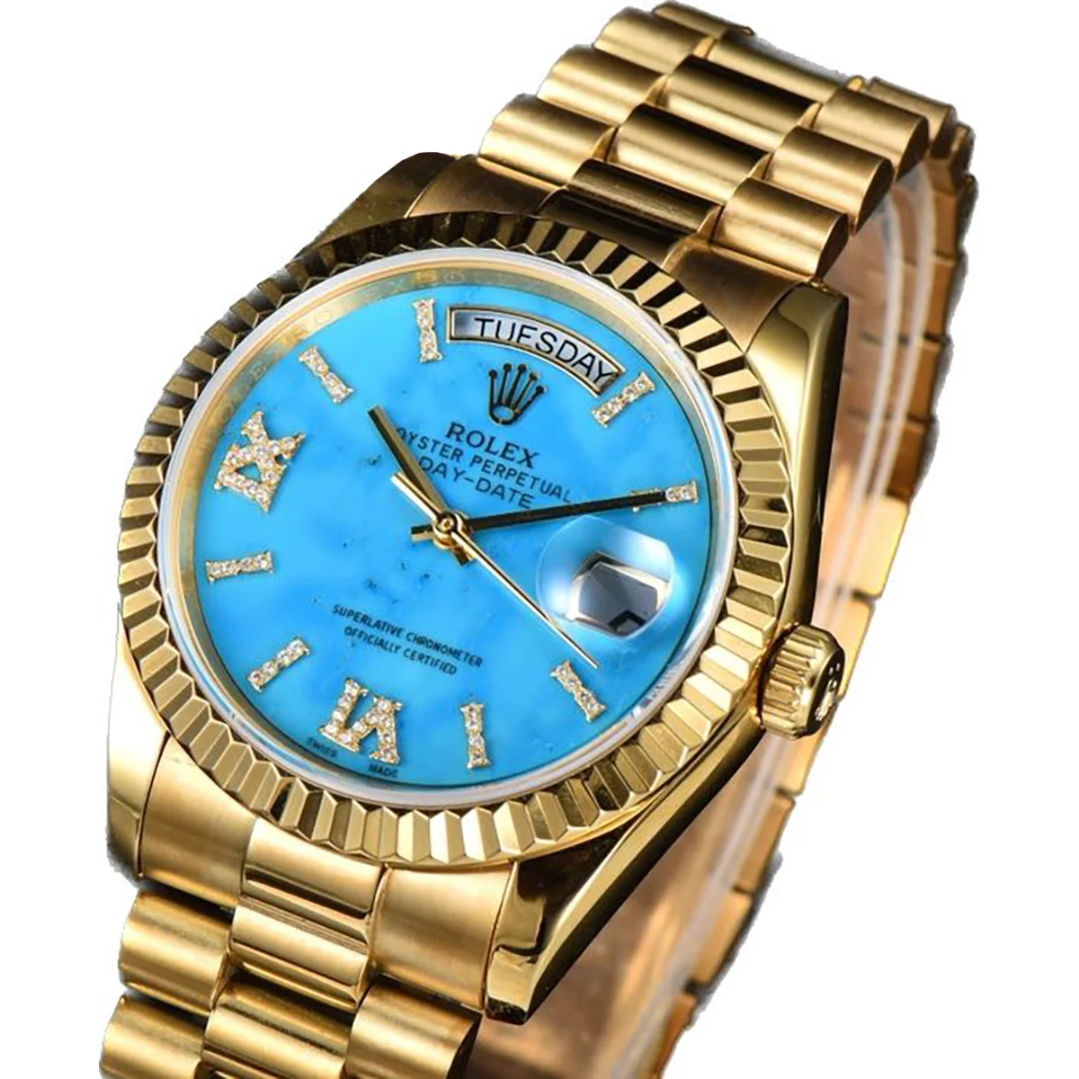 Daydate 36 128238 Turquoise Diamond Roman Dial in Yellow Gold